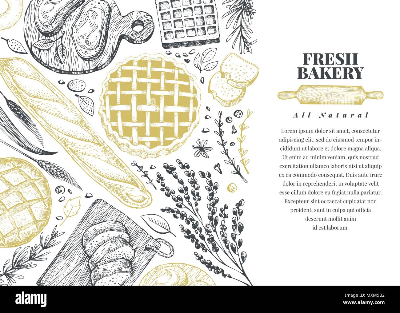 Vector bakery hand drawn illustration. Background with bread and pastry ...