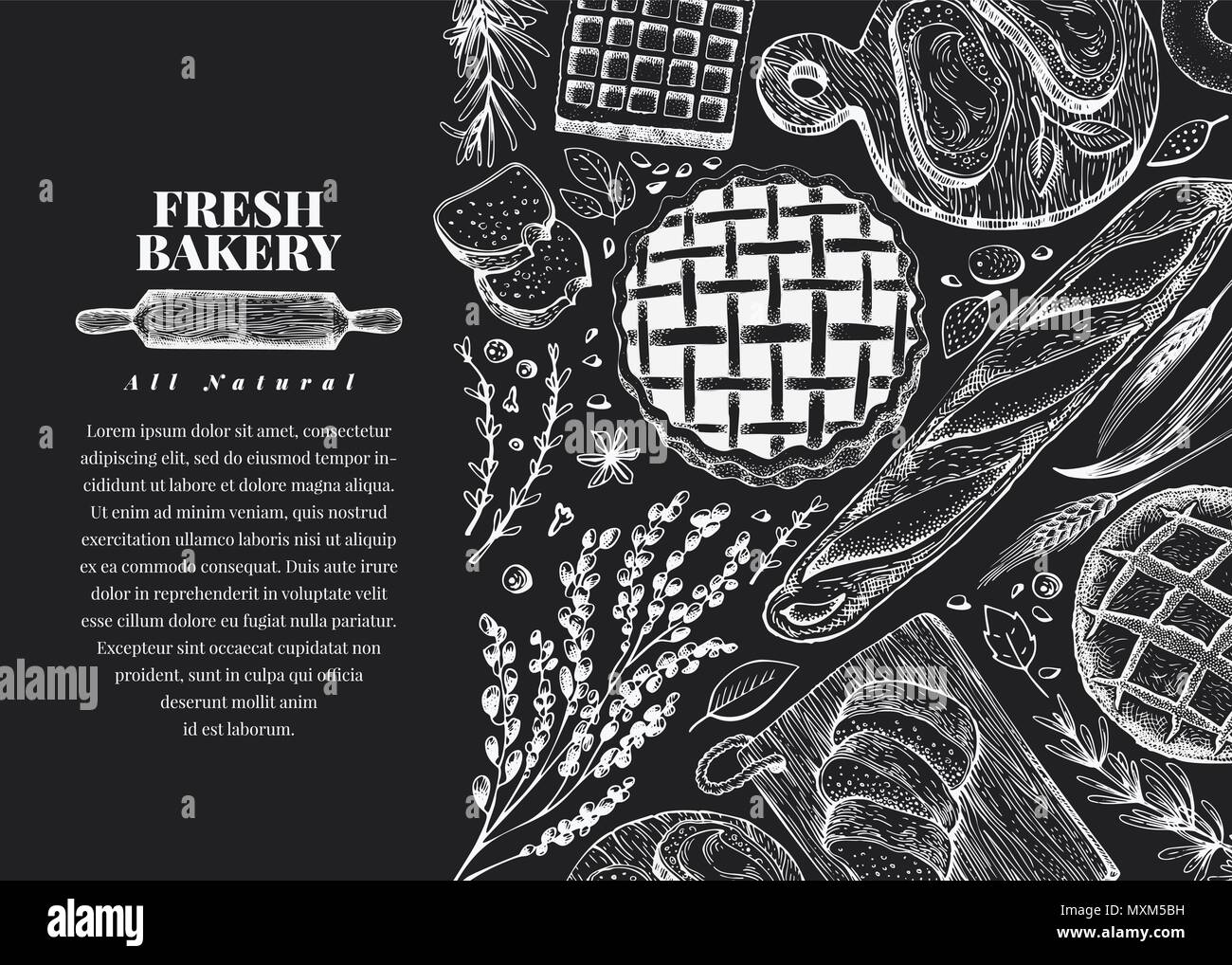 Vector bakery hand drawn illustration on chalk board. Background with ...