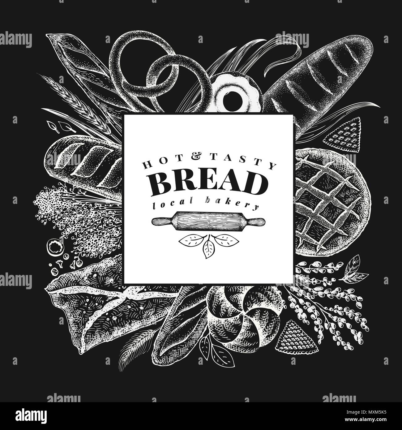 Vector bakery hand drawn illustration on chalk board. Background with ...