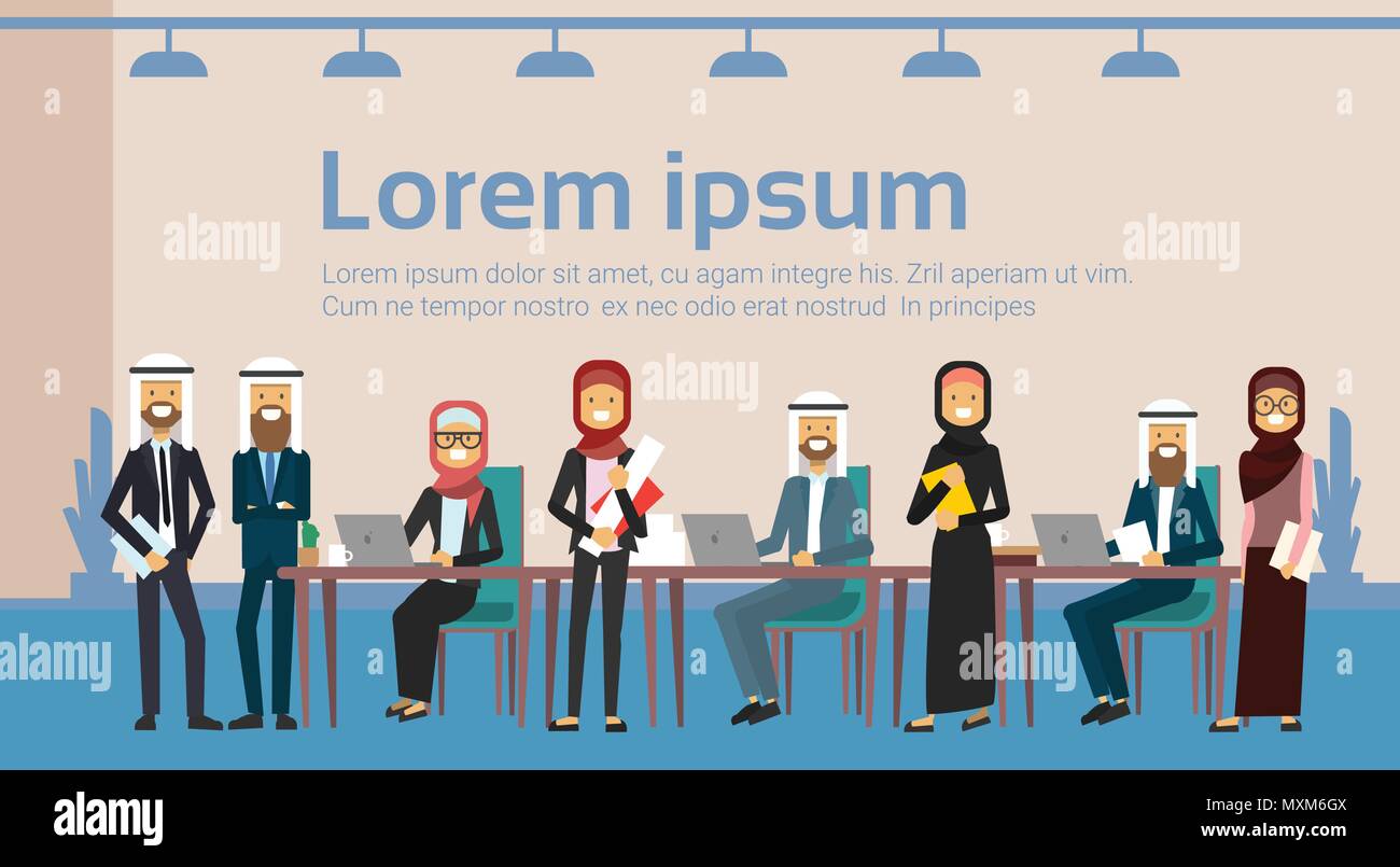 Arab Business People Group Meeting Together Sit At Office Desk