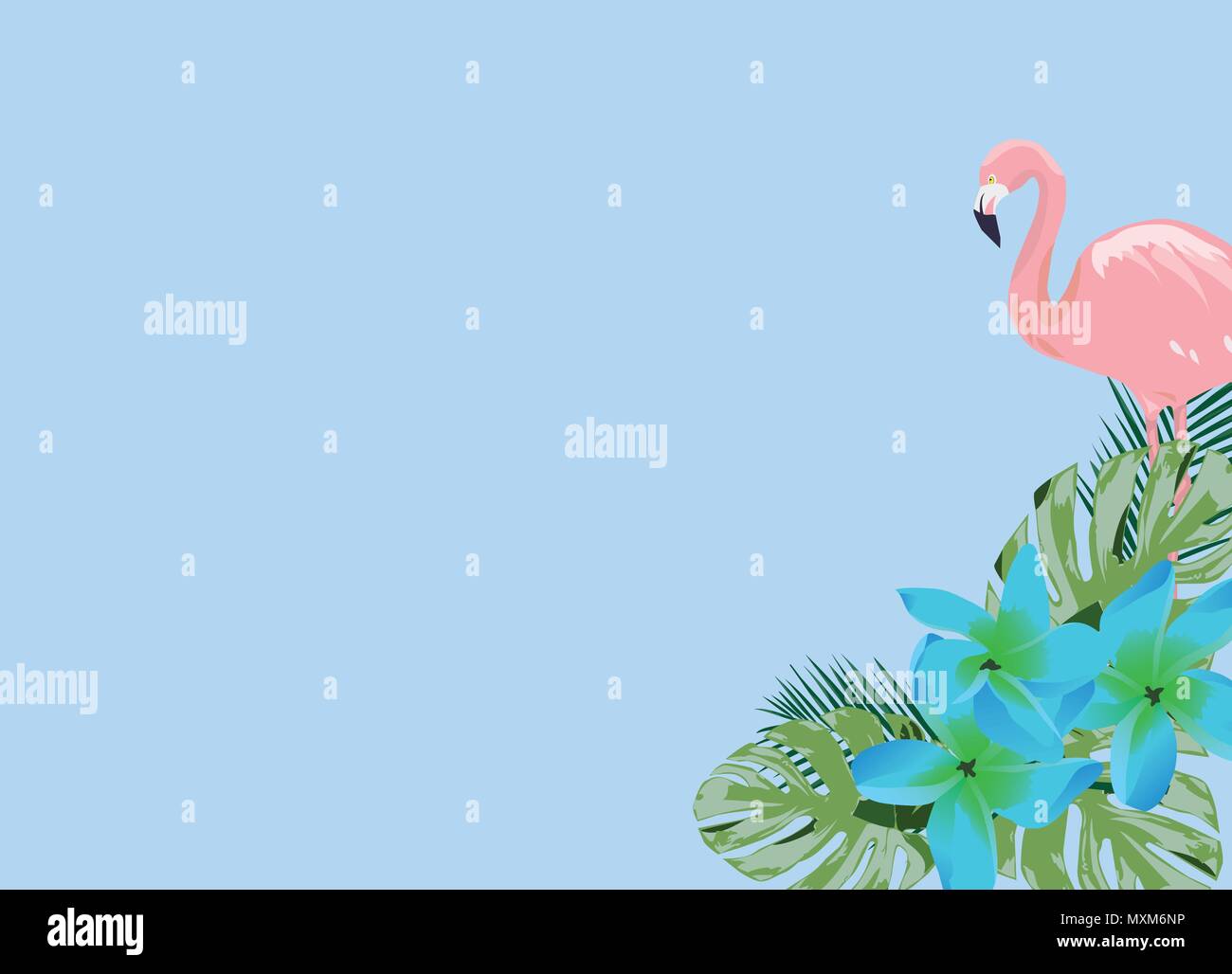 vector illustration of a flamingo and blue tropical flowers Stock ...