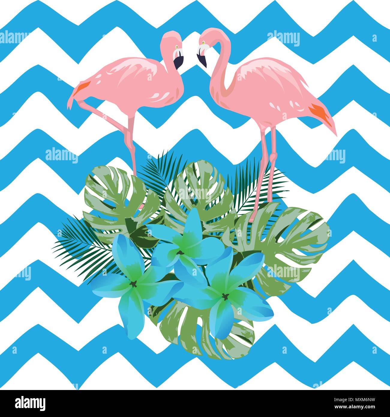 vector illustration of a flamingo and blue tropical flowers Stock ...