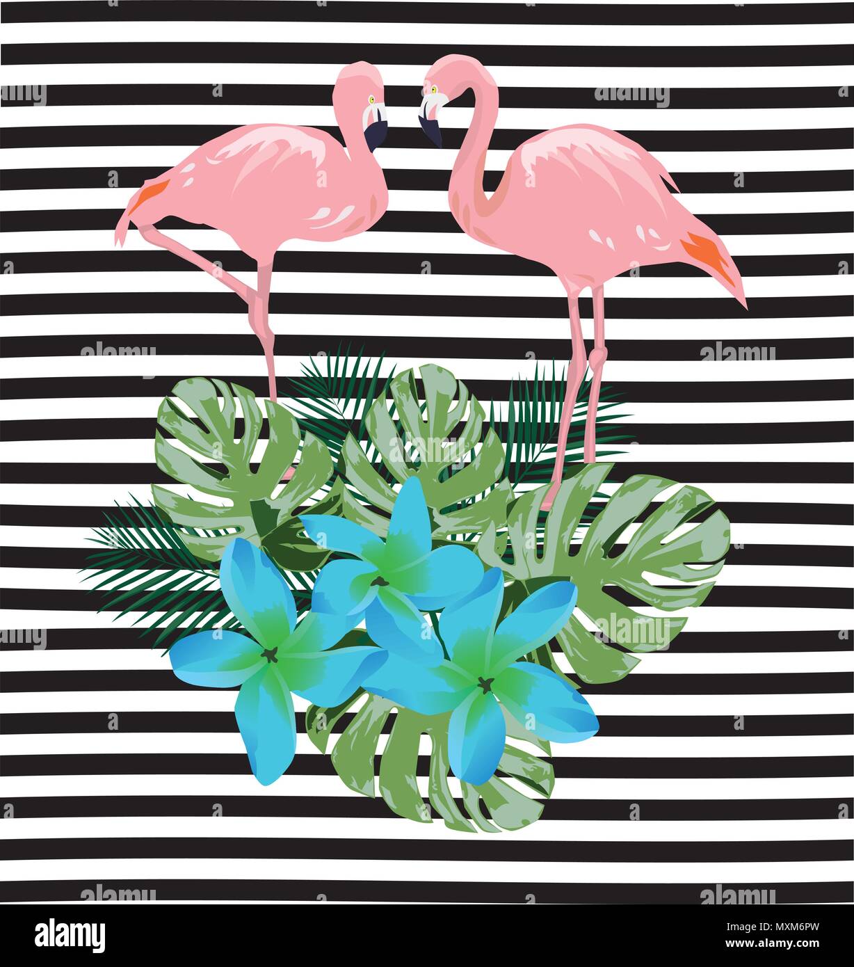vector illustration of flamingo with tropical flowers and palm leaves ...