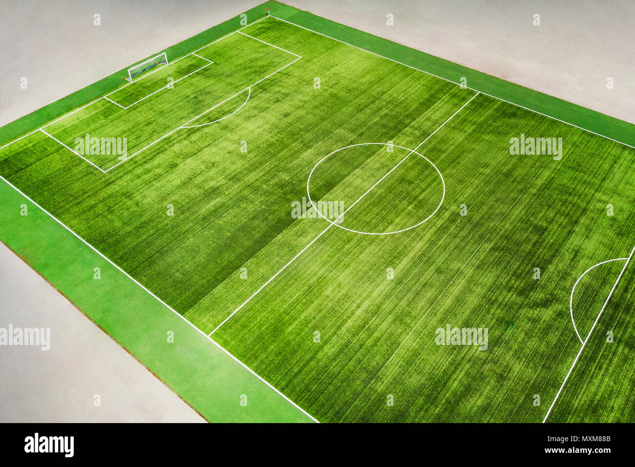 a real soccer field with lines on grass. Top view at an angle Stock Photo