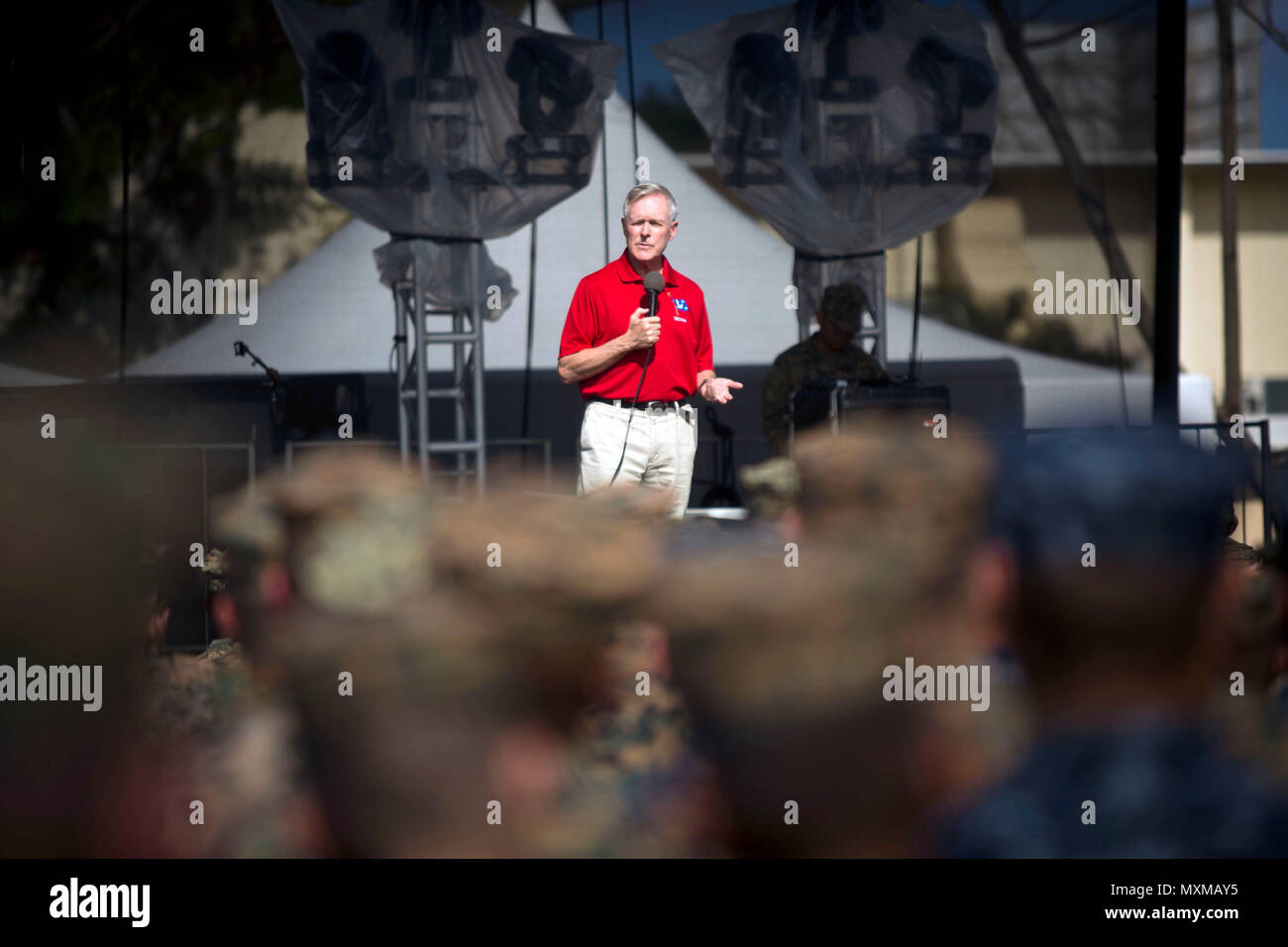 Secretary of the Navy Ray Mabus, addresses the Marines and Sailors of Marine Corps Base Hawaii (MCBH) during a question and answer session at Dewey Square, Nov. 16, 2016. Mabus was visiting Hawaii to speak to the Marines and Sailors of Joint Base Pearl Harbor-Hickam and Marine Corps Base Hawaii. (U.S. Marine Corps Photo by Cpl. Aaron S. Patterson)161116-M-QH615-049 Join the conversation: http://www.navy.mil/viewGallery.asp http://www.facebook.com/USNavy http://www.twitter.com/USNavy http://navylive.dodlive.mil http://pinterest.com https://plus.google.com Stock Photo