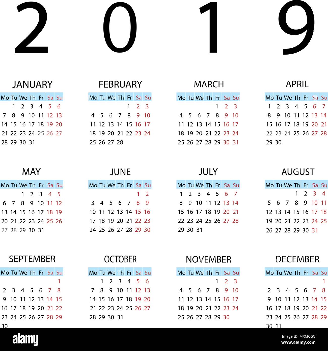 Calendar 2019 year. Week starts with Monday Stock Vector Image & Art ...