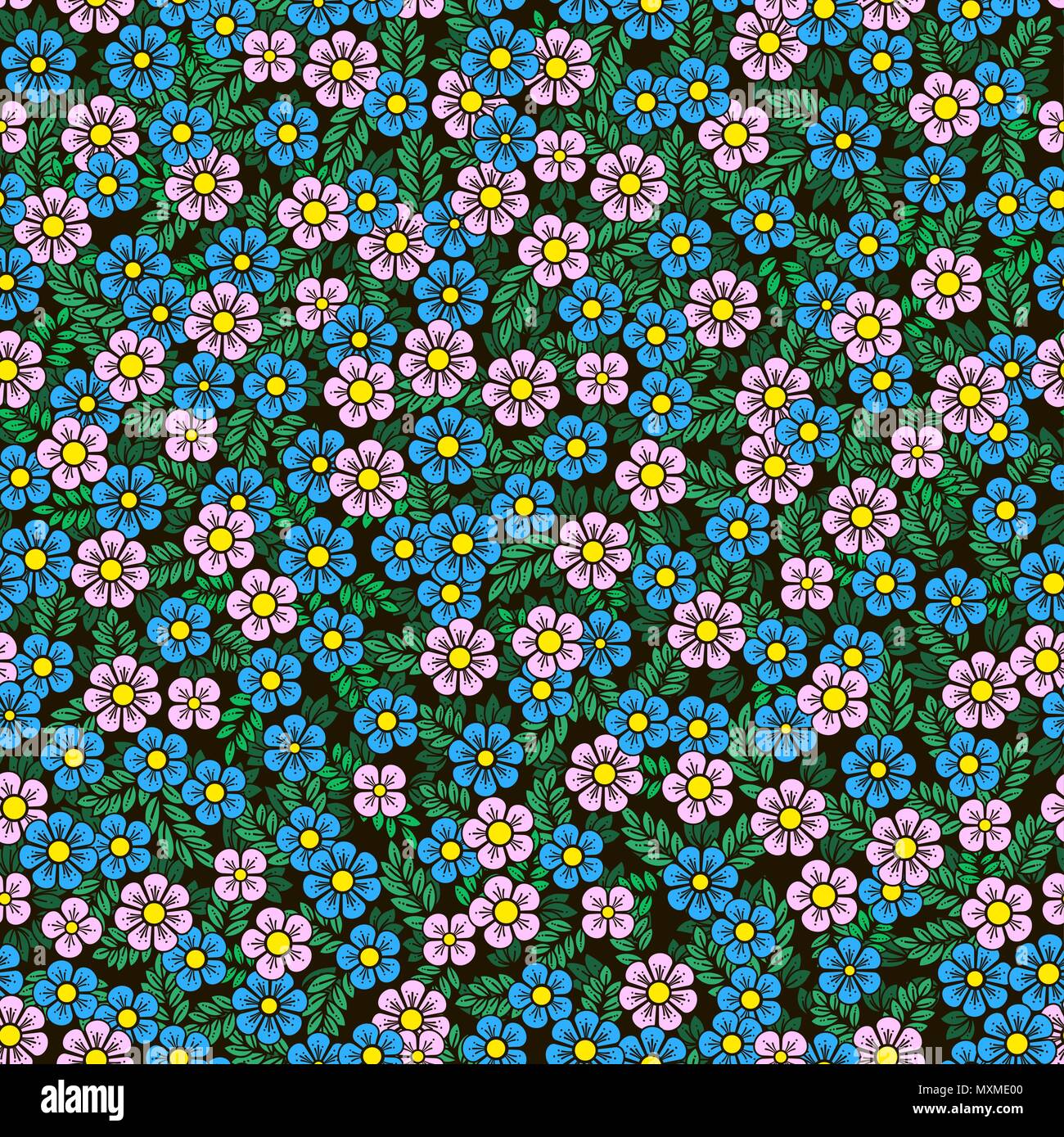 Flower pattern. Small blue and pink flowers and leaves on a dark  background. Can be used on textiles Stock Vector Image & Art - Alamy