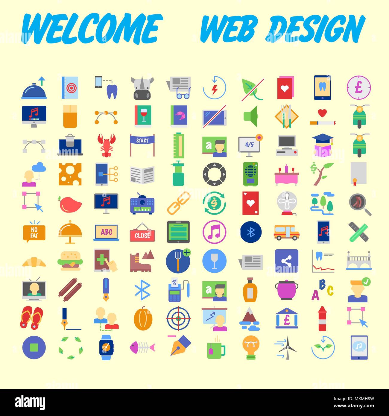 Orange background 100 universal Icon Set for web and mobile. Vector illustration Stock Vector
