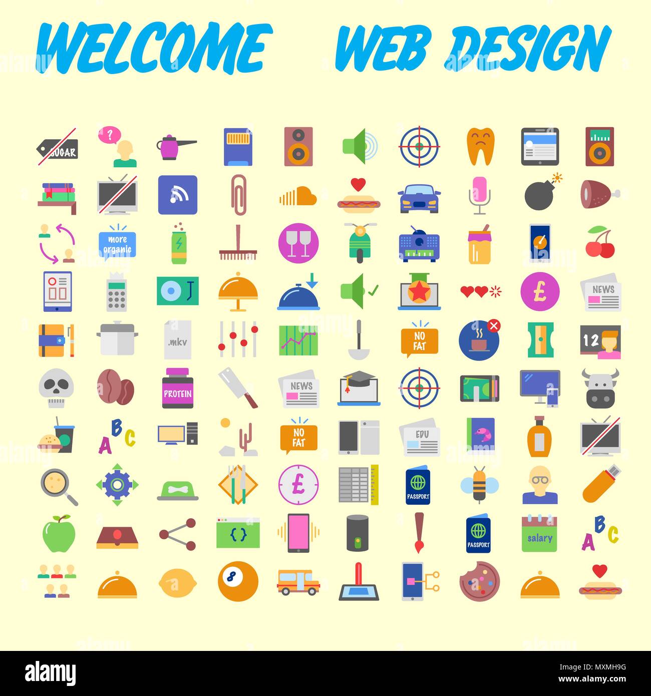 Orange background 100 universal Icon Set for web and mobile. Vector illustration Stock Vector