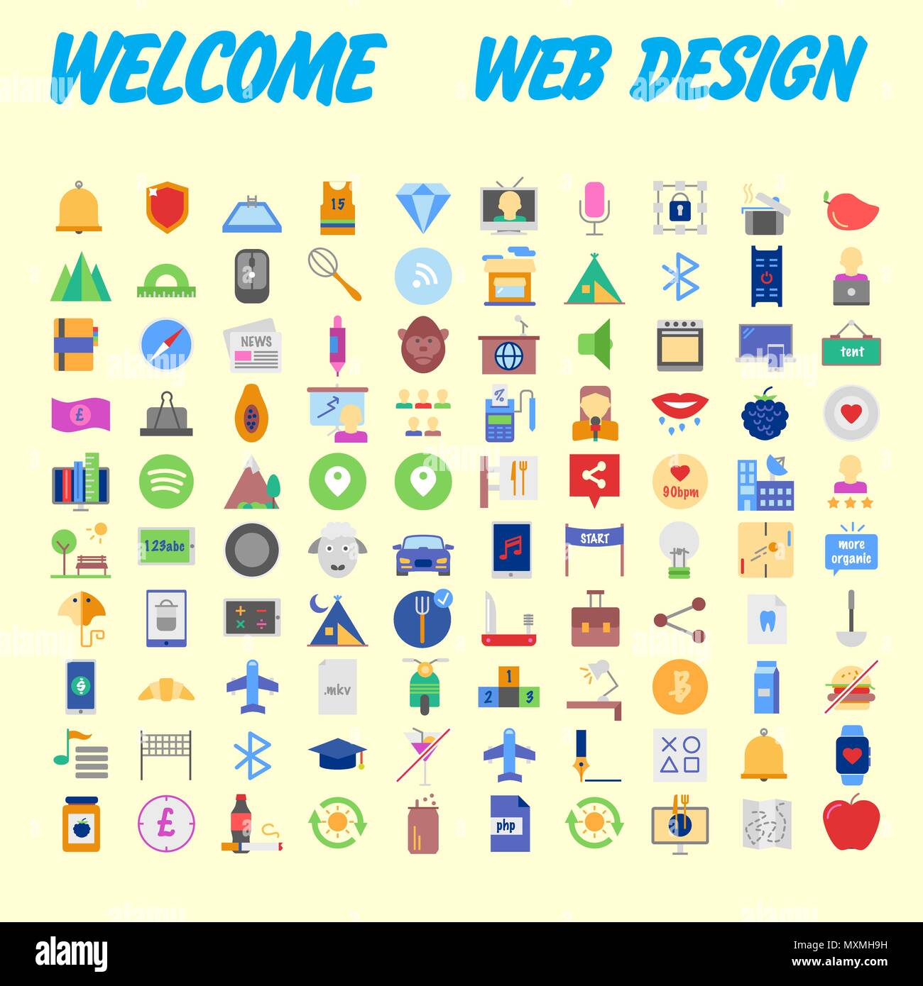 Orange background 100 universal Icon Set for web and mobile. Vector illustration Stock Vector