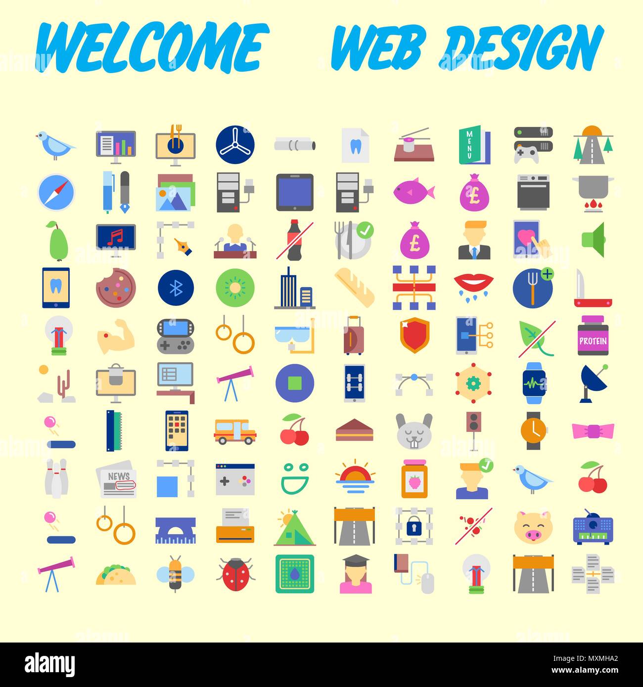 Orange background 100 universal Icon Set for web and mobile. Vector illustration Stock Vector