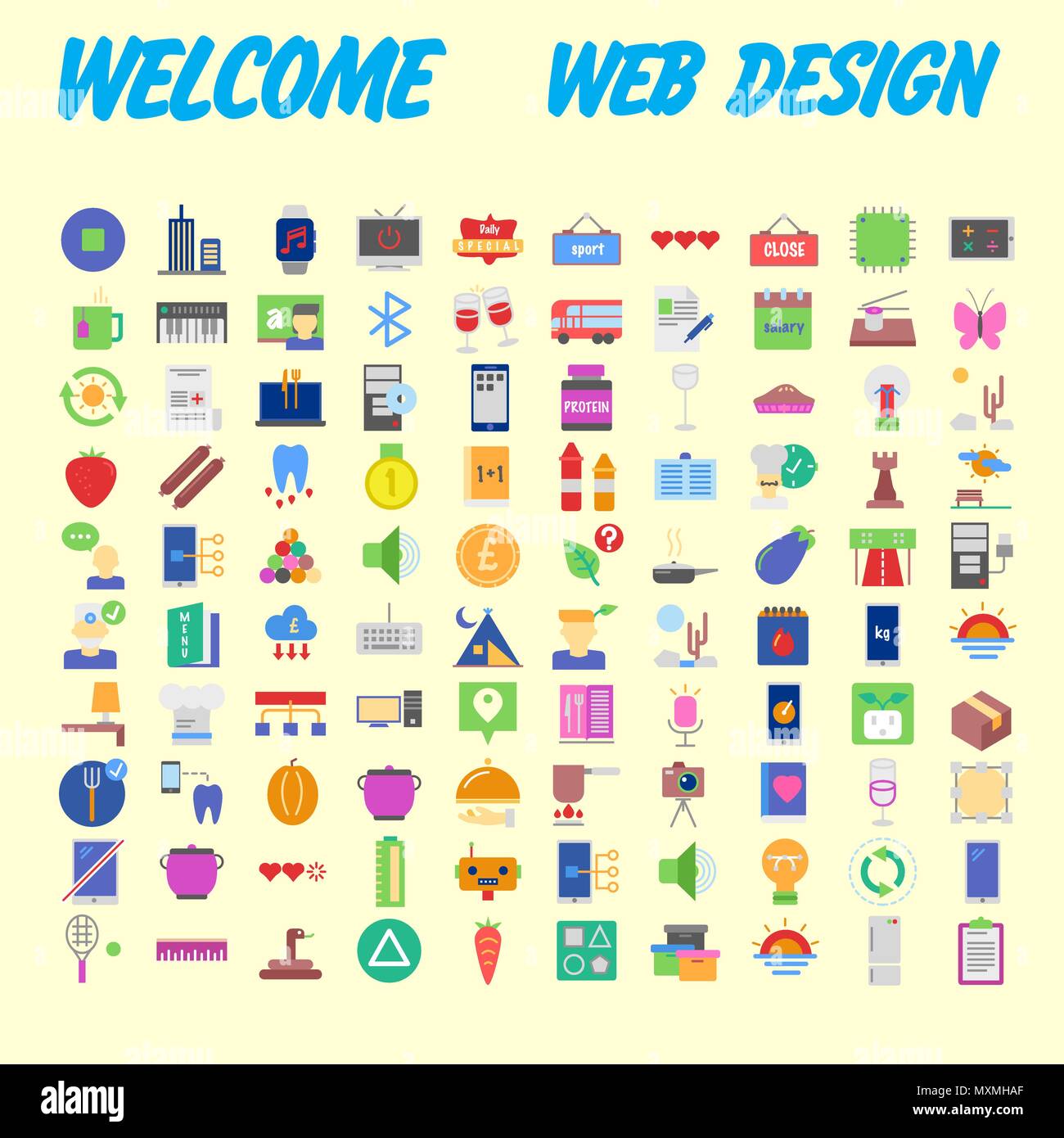 Orange background 100 universal Icon Set for web and mobile. Vector illustration Stock Vector