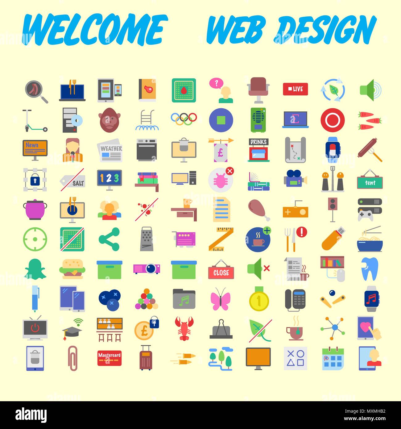 Orange background 100 universal Icon Set for web and mobile. Vector illustration Stock Vector