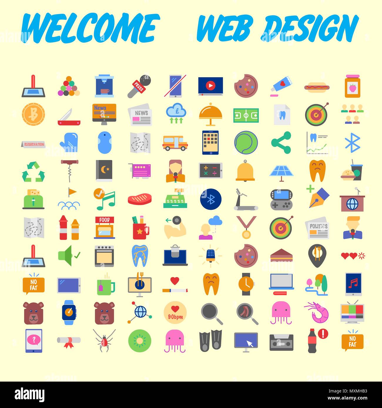 Orange background 100 universal Icon Set for web and mobile. Vector illustration Stock Vector