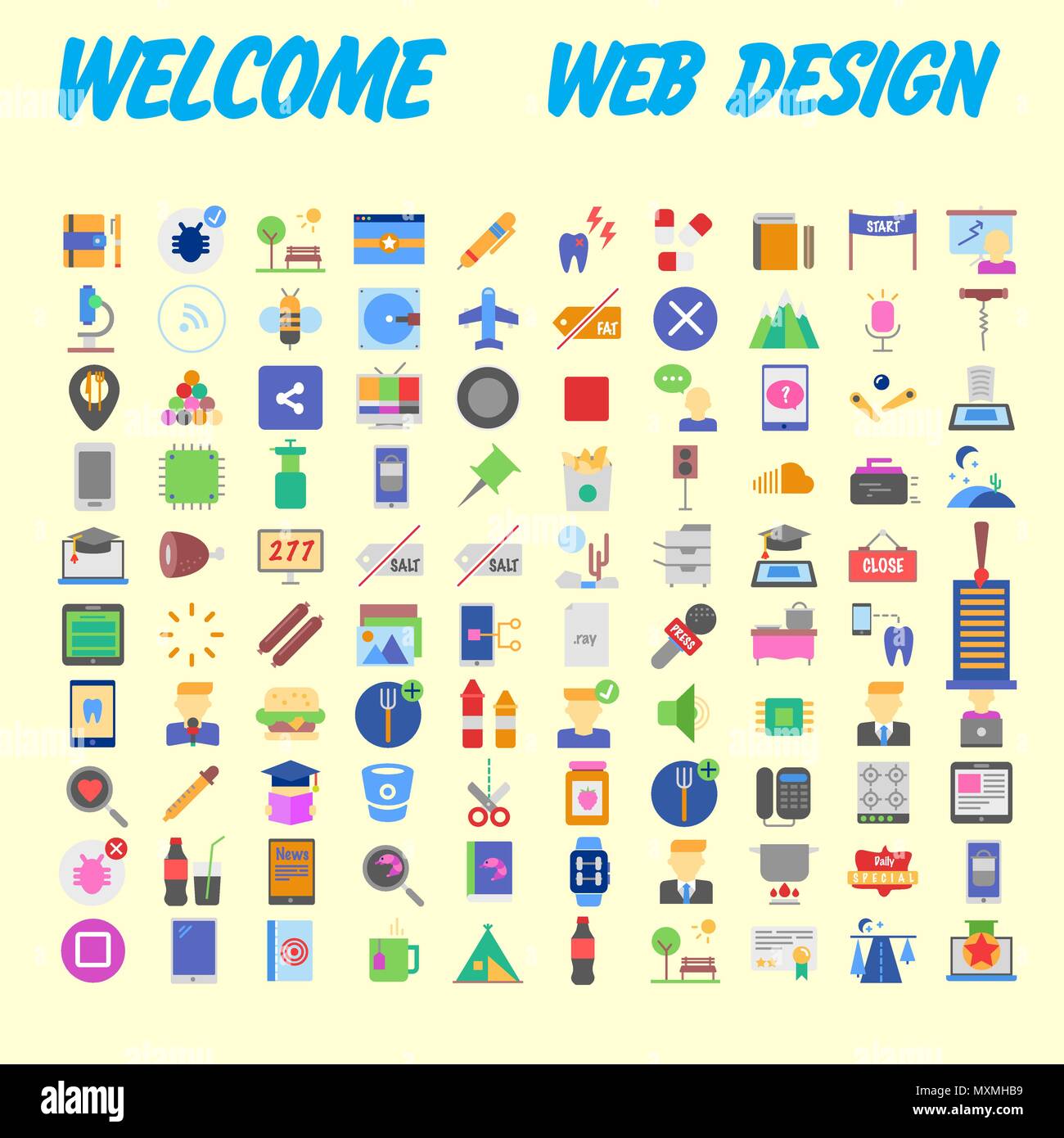 Orange background 100 universal Icon Set for web and mobile. Vector illustration Stock Vector