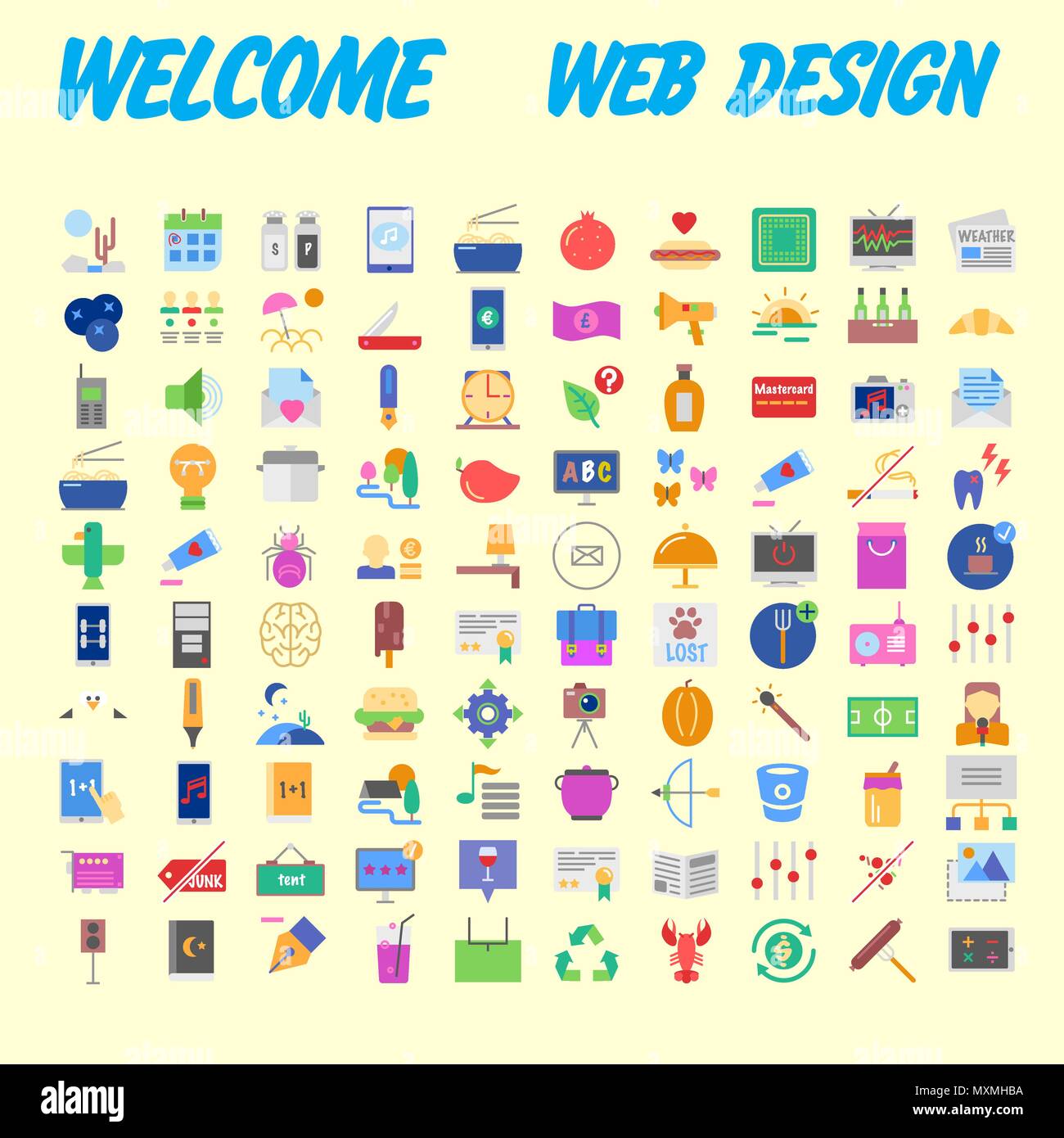 Orange background 100 universal Icon Set for web and mobile. Vector illustration Stock Vector