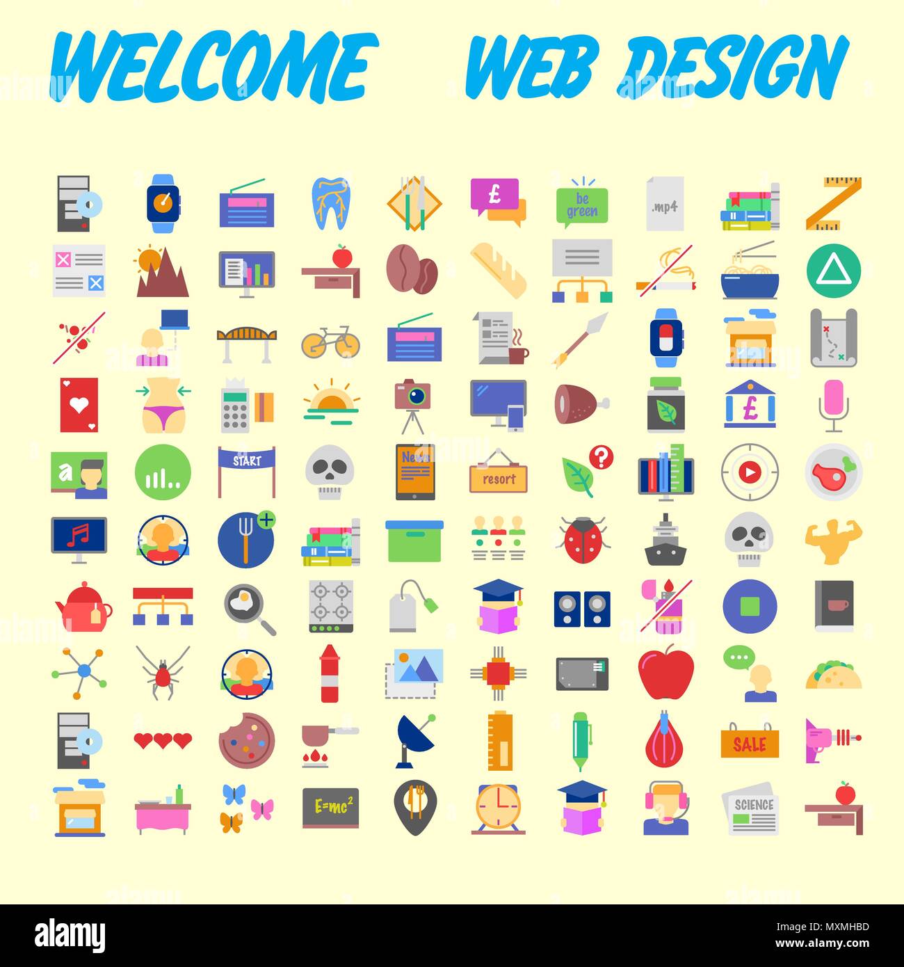 Orange background 100 universal Icon Set for web and mobile. Vector illustration Stock Vector