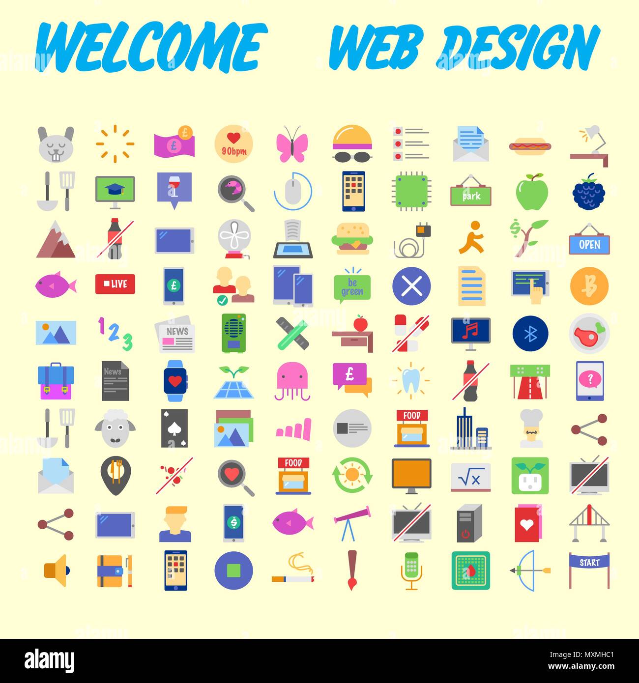 Orange background 100 universal Icon Set for web and mobile. Vector illustration Stock Vector