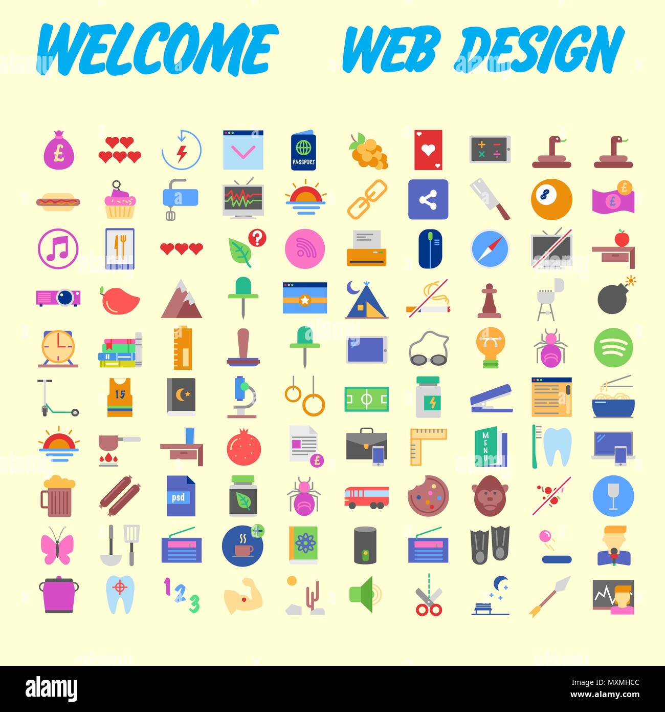 Orange background 100 universal Icon Set for web and mobile. Vector illustration Stock Vector