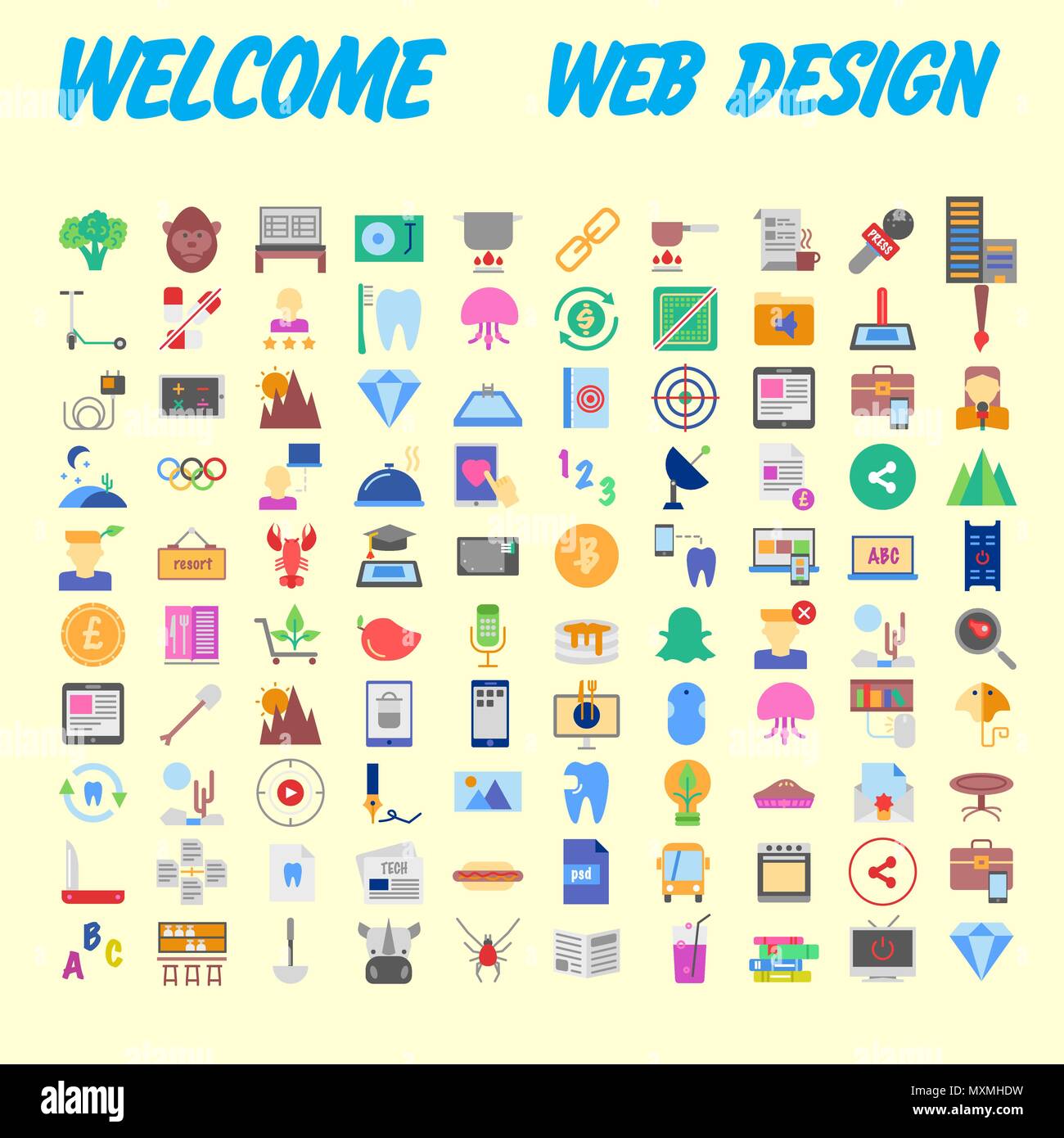 100 universal icons for web design on different topics. Vector illustration Stock Vector