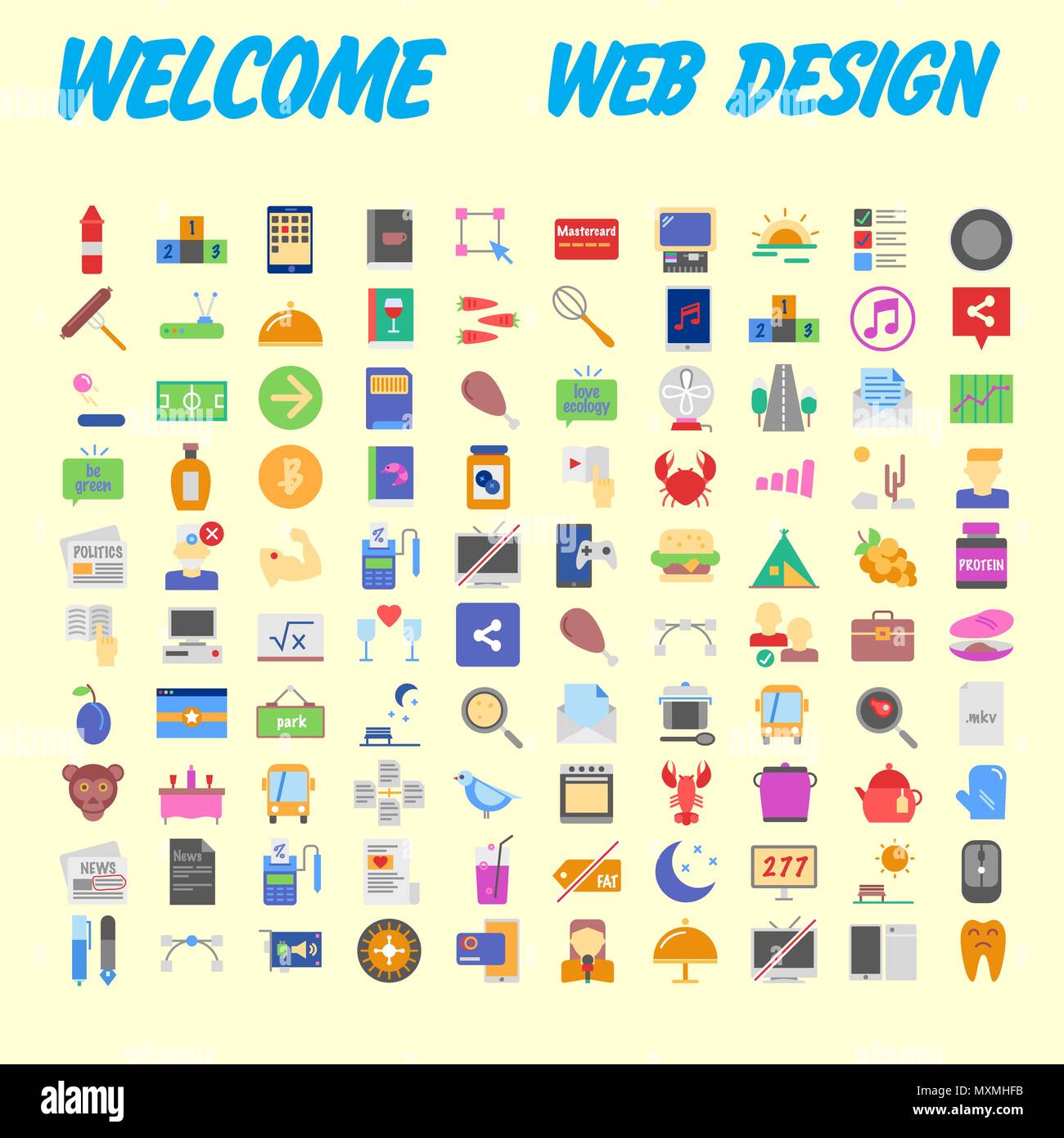 100 universal icons for web design on different topics. Vector illustration Stock Vector