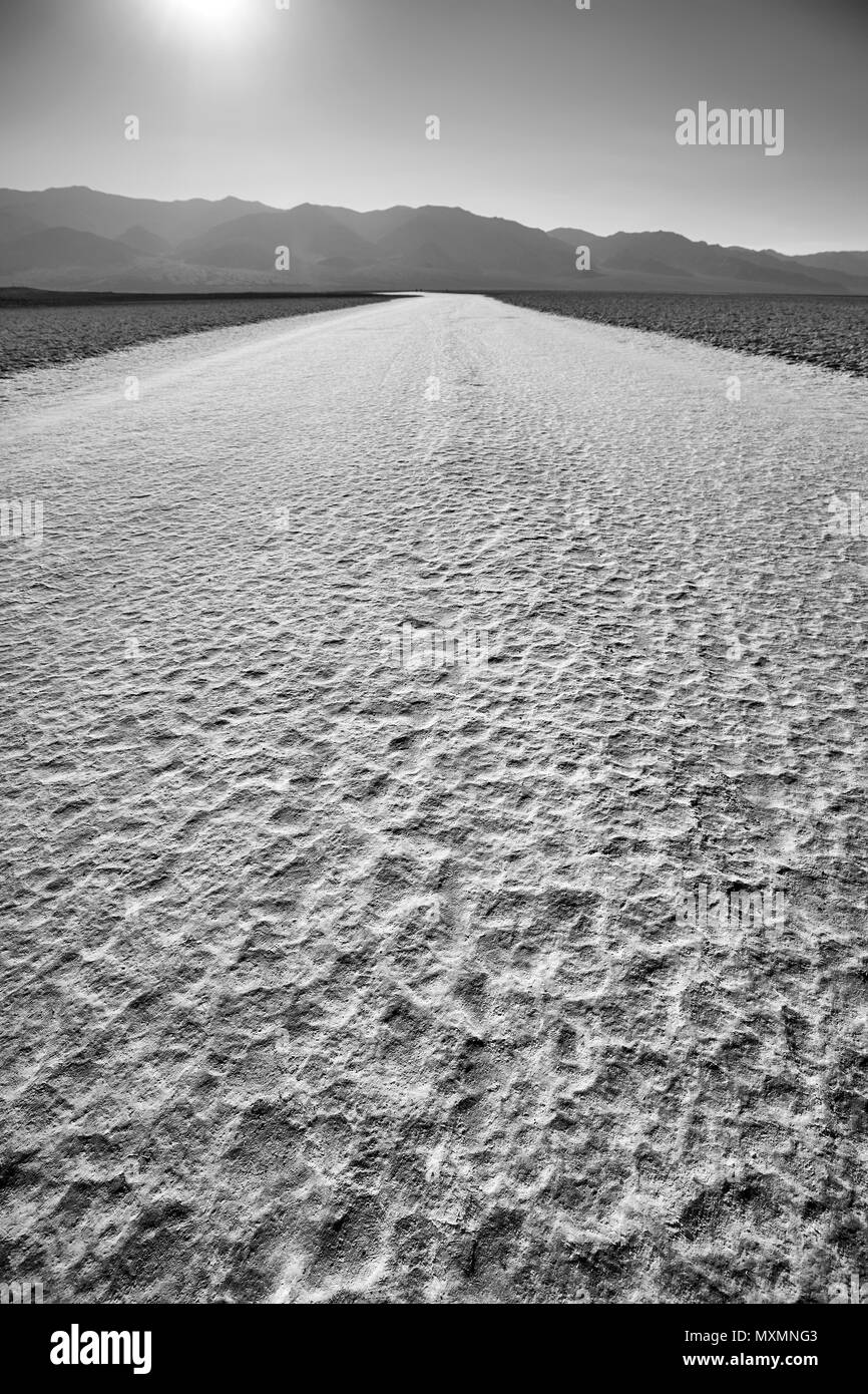 Badwater Basin, the lowest point in North America with a depth of 282 ft (86 m) below sea level, Death Valley National Park, Inyo County, California,  Stock Photo