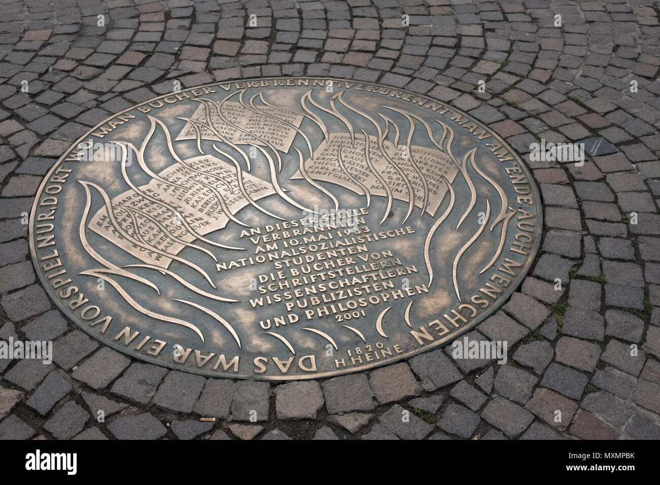 Commemorative plaque in Romerberg, Frankfurt am Main, Hesse, Germany, to remember book burning by Nazi supporters on 10 May 1933. Stock Photo
