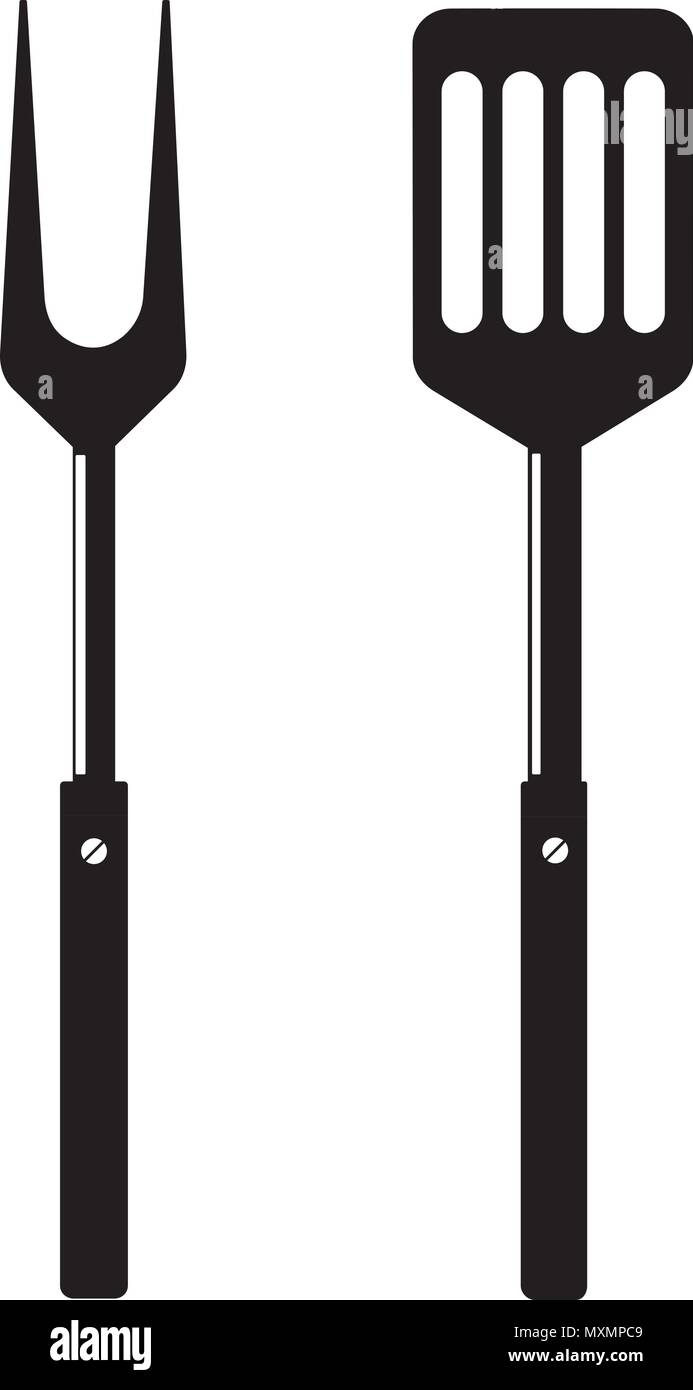 BBQ or grill tools icon. Barbecue fork with spatula. Black simple silhouette. Symbol Template Logo. Vector illustration flat design. Isolated on white Stock Vector