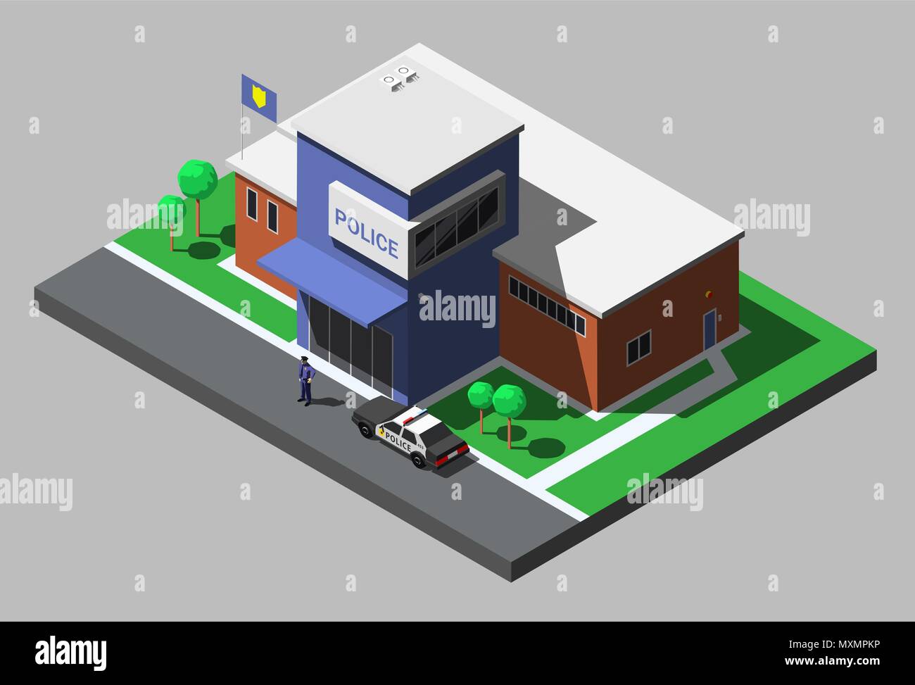 Vector isometric building of police department with policeman and police car. Stock Vector