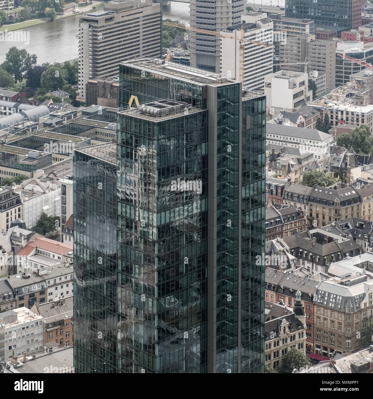 Aerial view of skyscraper office block known as Gallileo Tower, Gallusanlage, Frankfurt am Main, Hesse, Germany Stock Photo