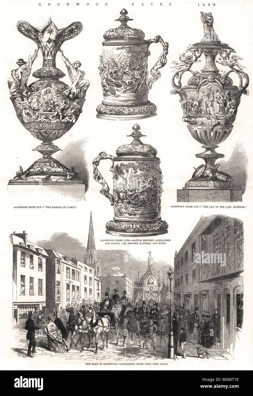 Goodwood Races Prize Cups. The Road To Goodwood. Chichester Cross. Sussex 1858. The Illustrated London News Stock Photo