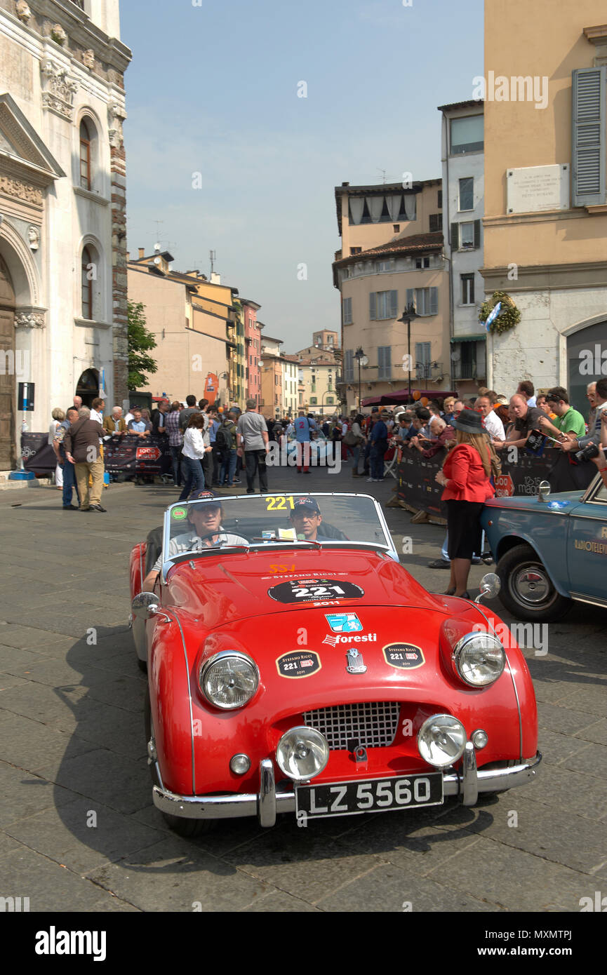 BRESCIA,ITALY - MAY,12: a DKW F91 3=6  of 1954 at the puncing of Mille Miglia,the famous race for historic cars,May 12,2011 in Brescia,Italy Stock Photo