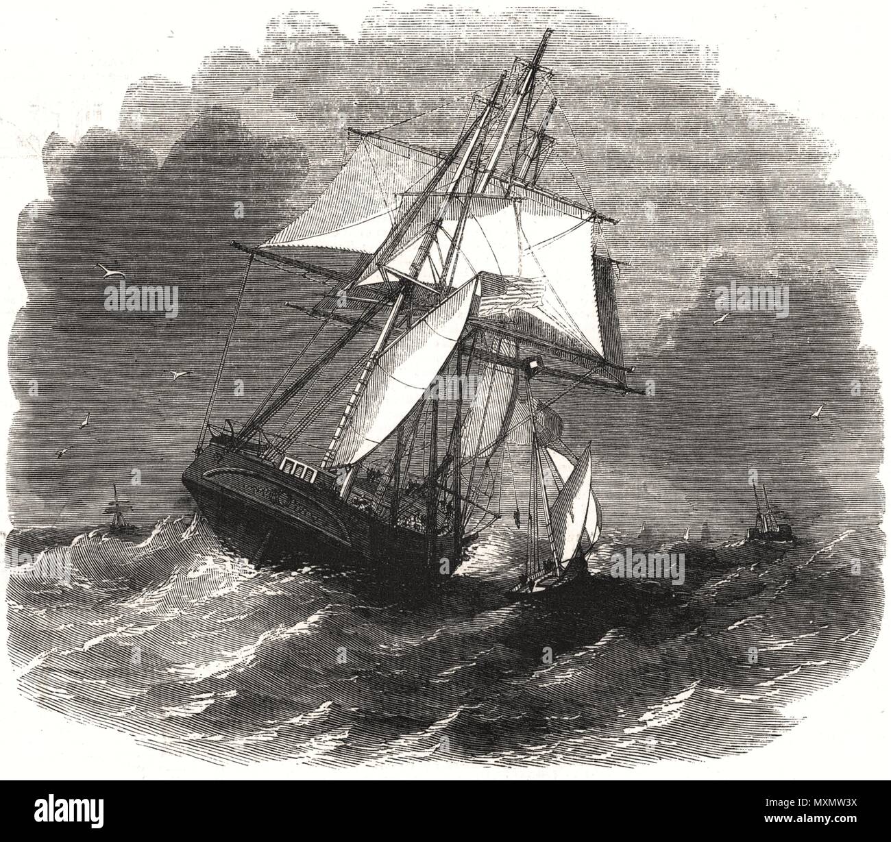 Hoisting pilot on board in heavy weather. The Liverpool pilot boats 1857. The Illustrated London