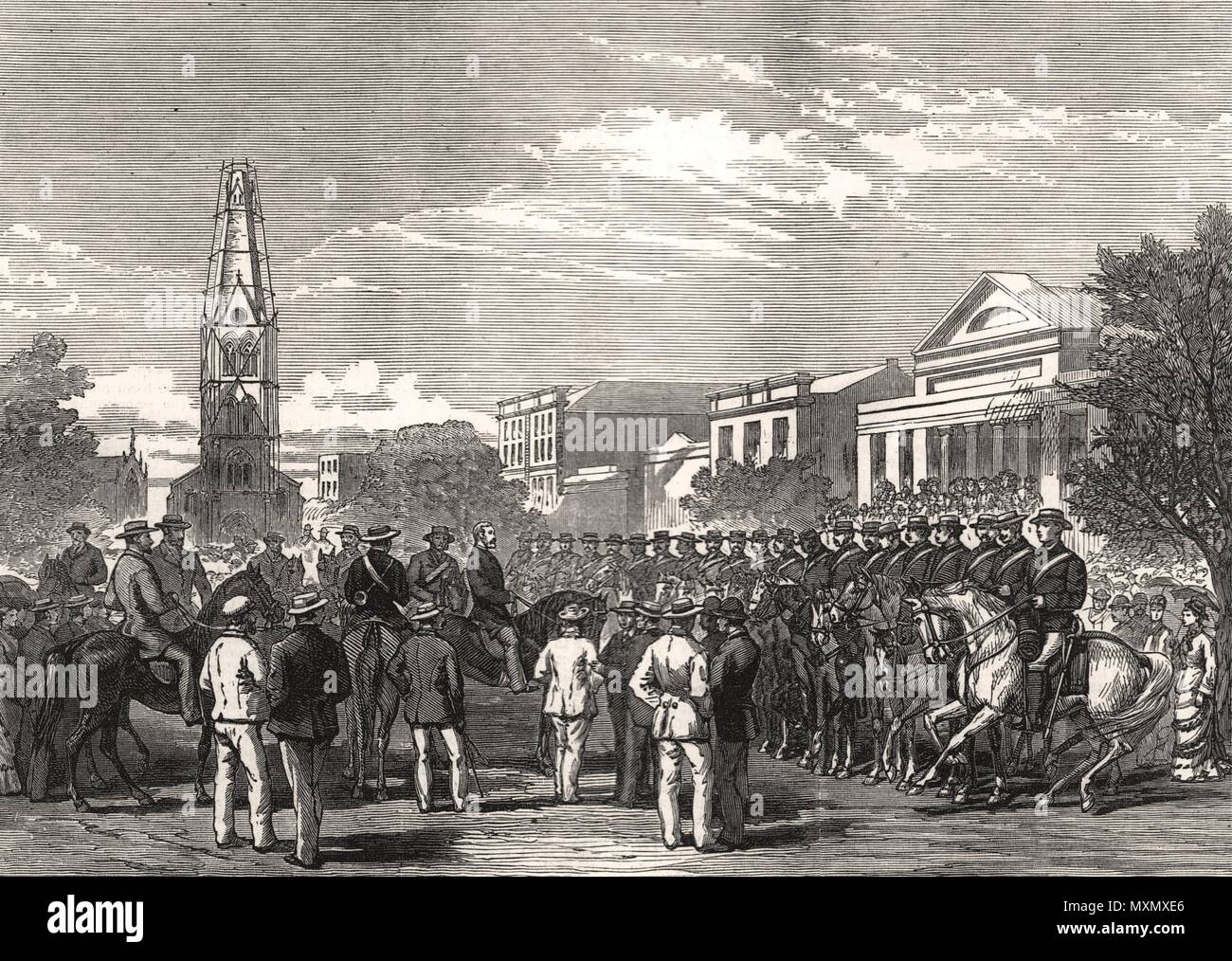Muster of colonial volunteers in High-Street, Grahamstown. South Africa 1877. The Illustrated London News Stock Photo