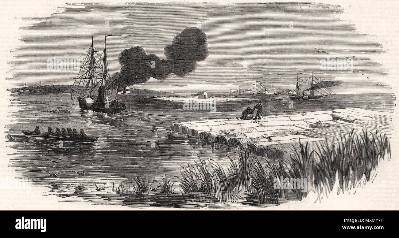 HM Steam-ship Spitfire towing large timber raft, on the Dnieper. Ukraine 1855. The Picture Times Stock Photo