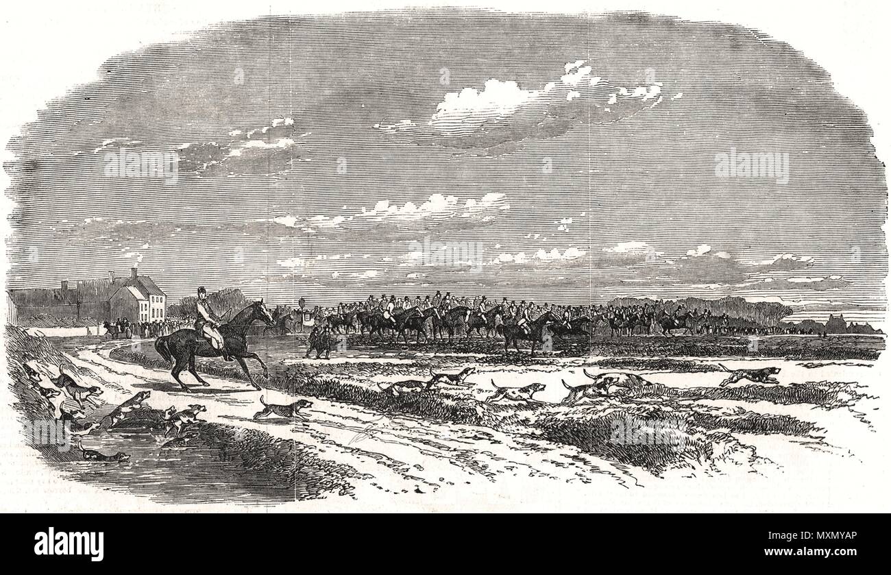 Stag hunting Meet at Gerrard's Cross. Buckinghamshire 1854. The Illustrated London News Stock