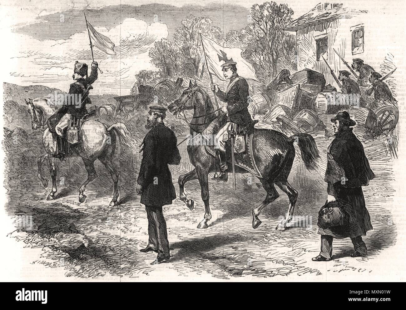 Col Loyd-Lindsay leaves Prussian outpost Sèvres for Paris with truce flag 1870. The Illustrated London News Stock Photo