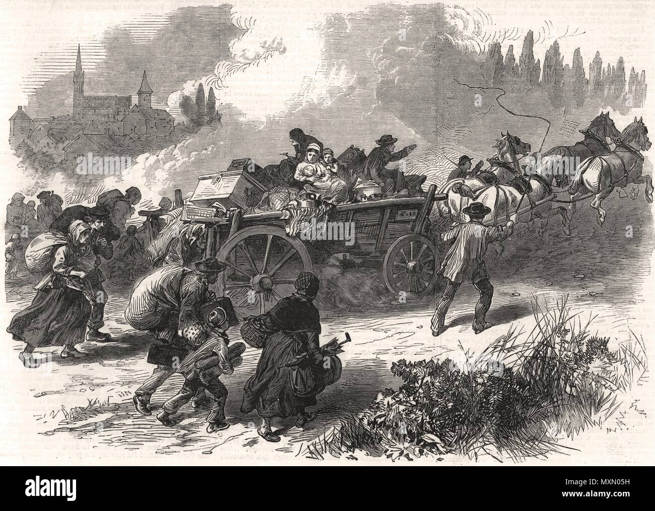 The war inhabitants of Forbach flying after the battle. Moselle 1870. The Illustrated London News Stock Photo