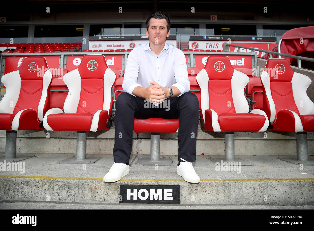 New Fleetwood Town Manager Joey Barton Sits In The Home Dugout After The Press Conference At Highbury Stadium Fleetwood Stock Photo Alamy
