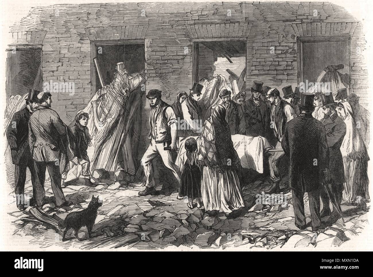 Sheffield floods Conveying the dead to the receiving-house, Malin Bridge 1864. The Illustrated London News Stock Photo