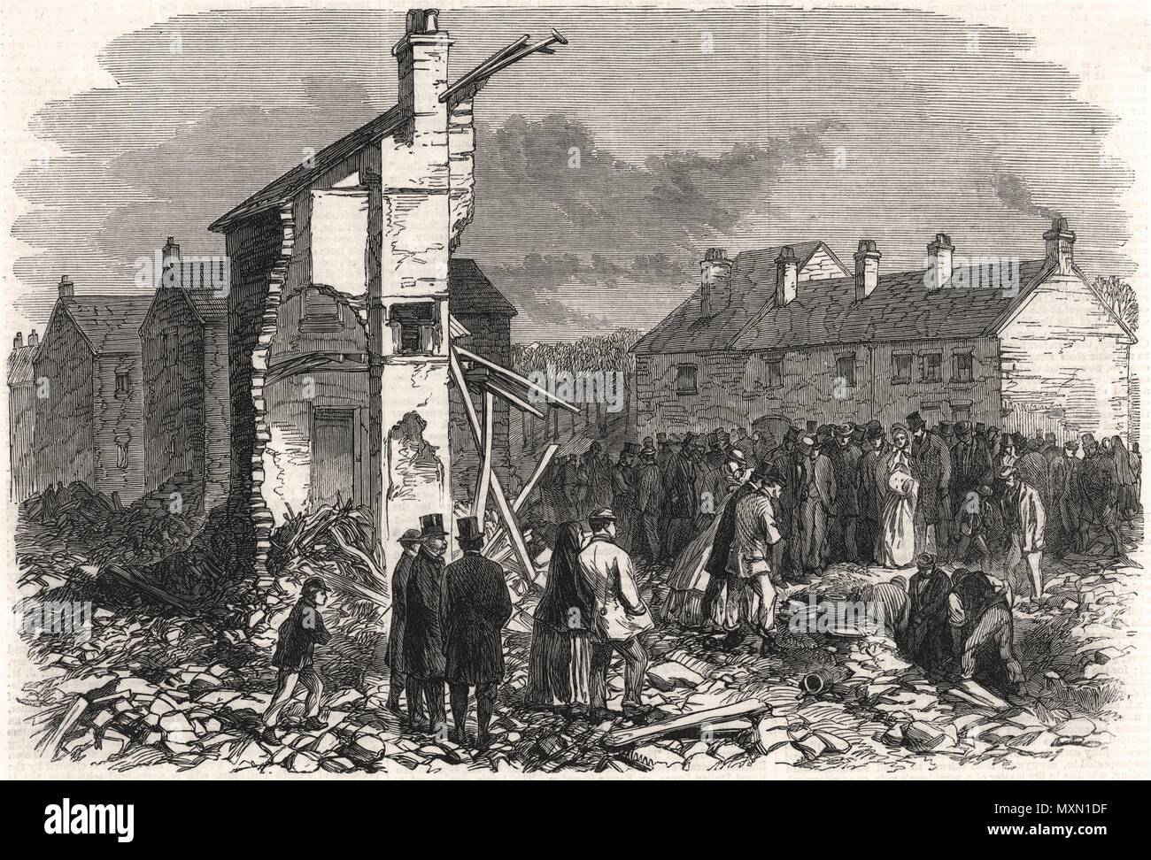 The flood at Sheffield Searching for the dead at Malin Bridge. Yorkshire 1864. The Illustrated London News Stock Photo