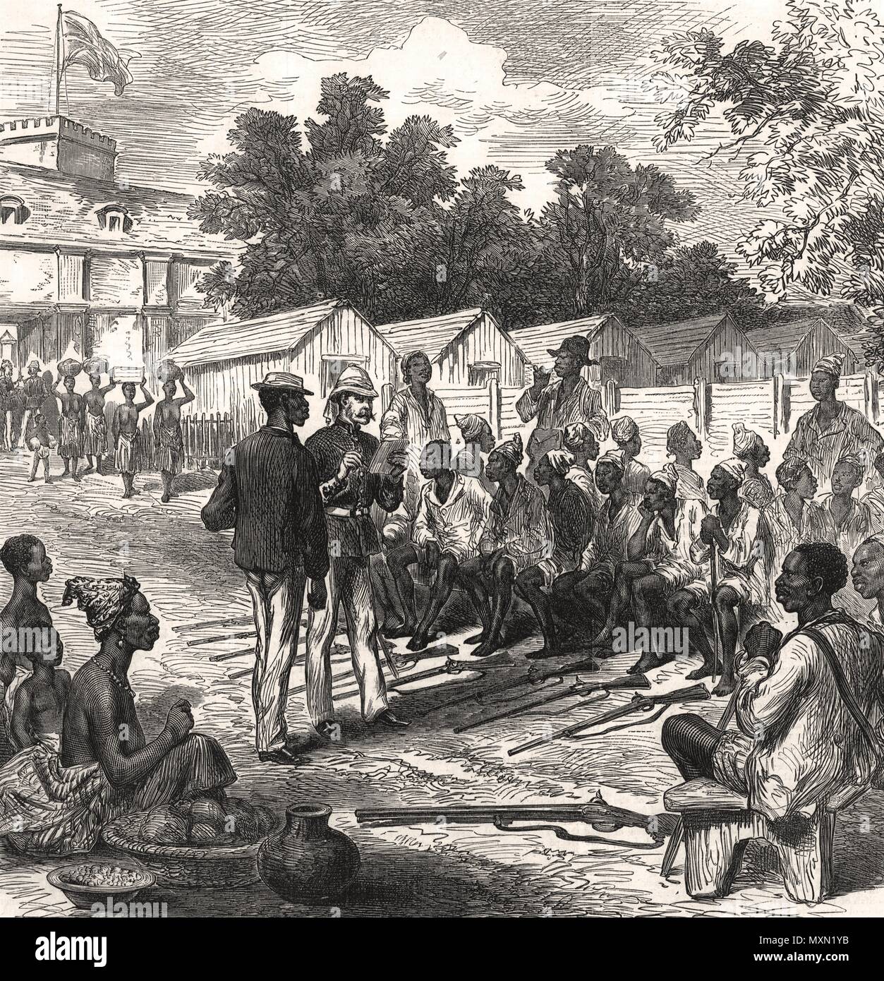 The Ashanti war arrivals at the north gate, Coast Castle. Ghana 1874. The Illustrated London News