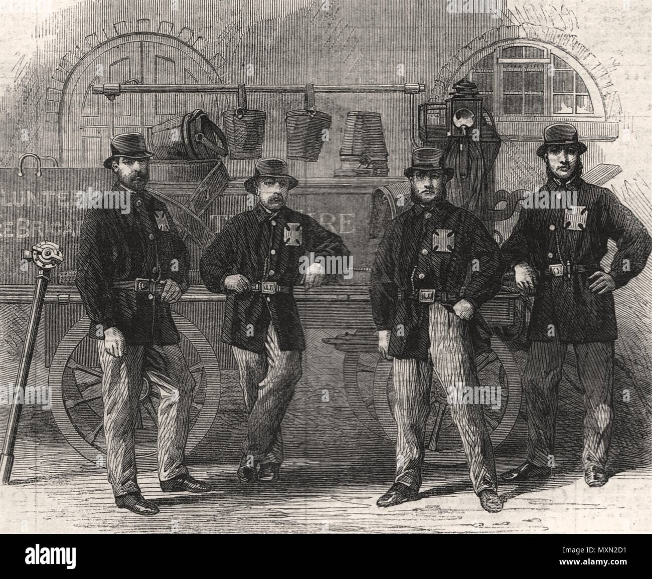 Members of the Coventry Volunteer Fire Brigade. Warwickshire 1862. The Illustrated London News Stock Photo