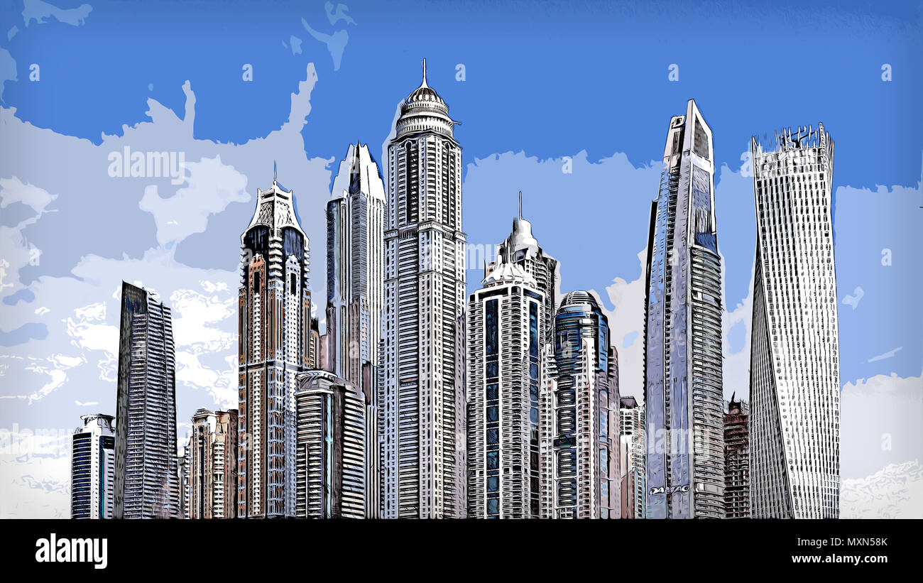 Illustration of a City with lots of high skyscrapers and other tall buildings. During summer with partially cloudy clear sky. Stock Photo