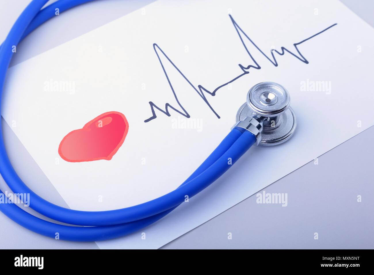 Medical stethoscope and red heart with cardiogram isolated on white ...