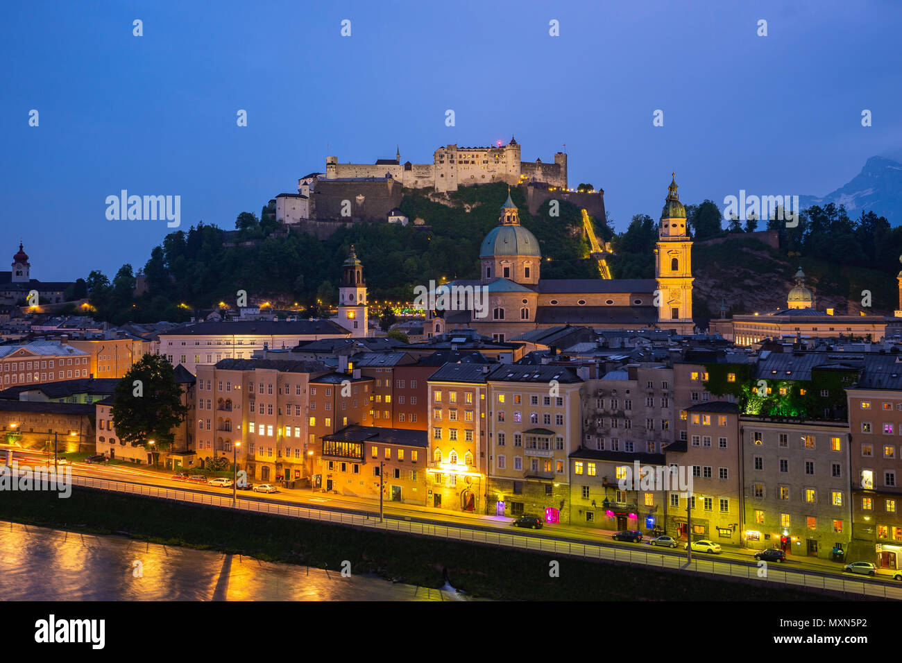 Salzburg city skyline at night in Salzburg, Austria. Stock Photo