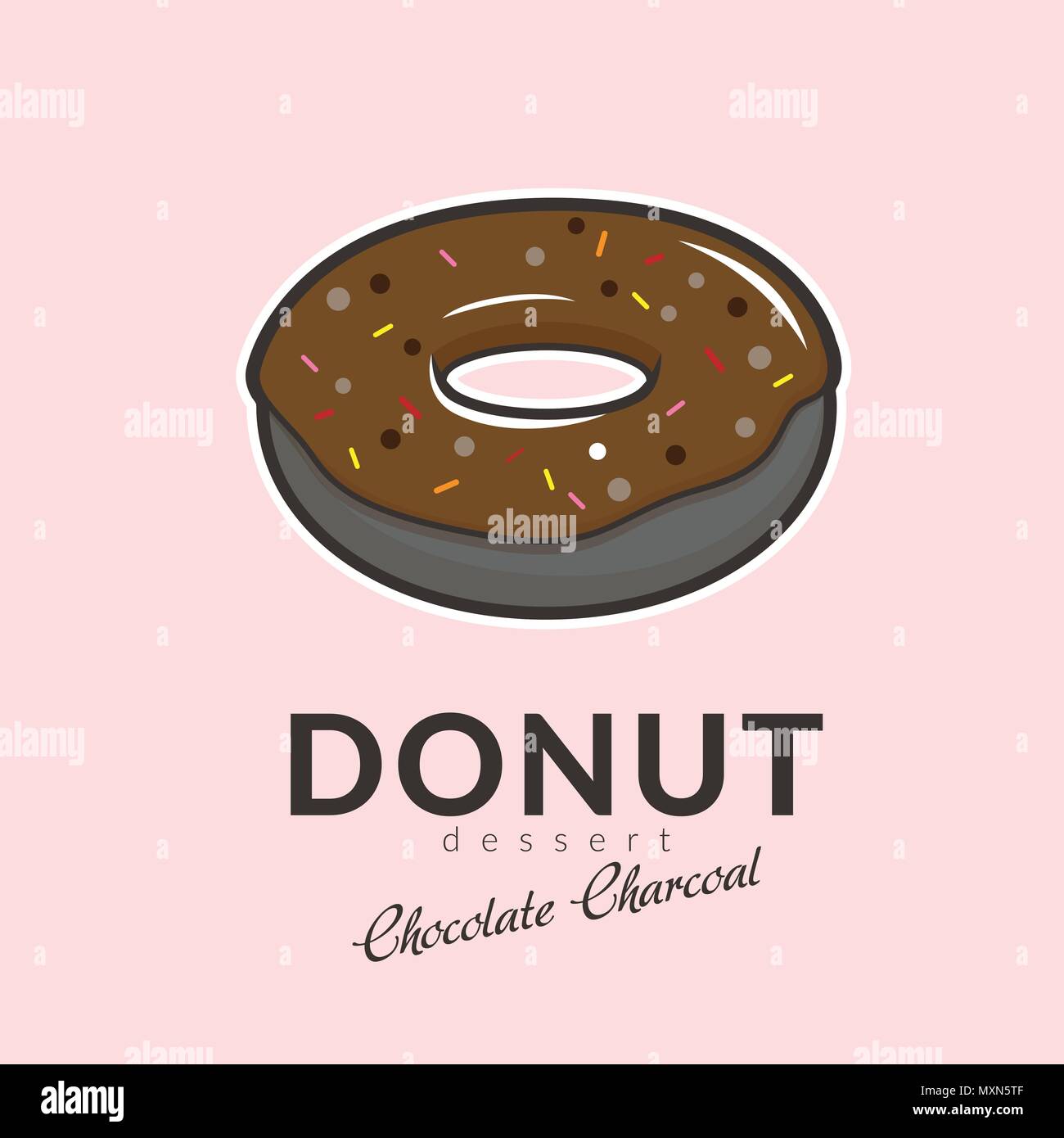 charcoal donut chocolate flavor with colorful sprinkles on top isolated on pink background. hand drawn cartoon vector illustration. Stock Vector