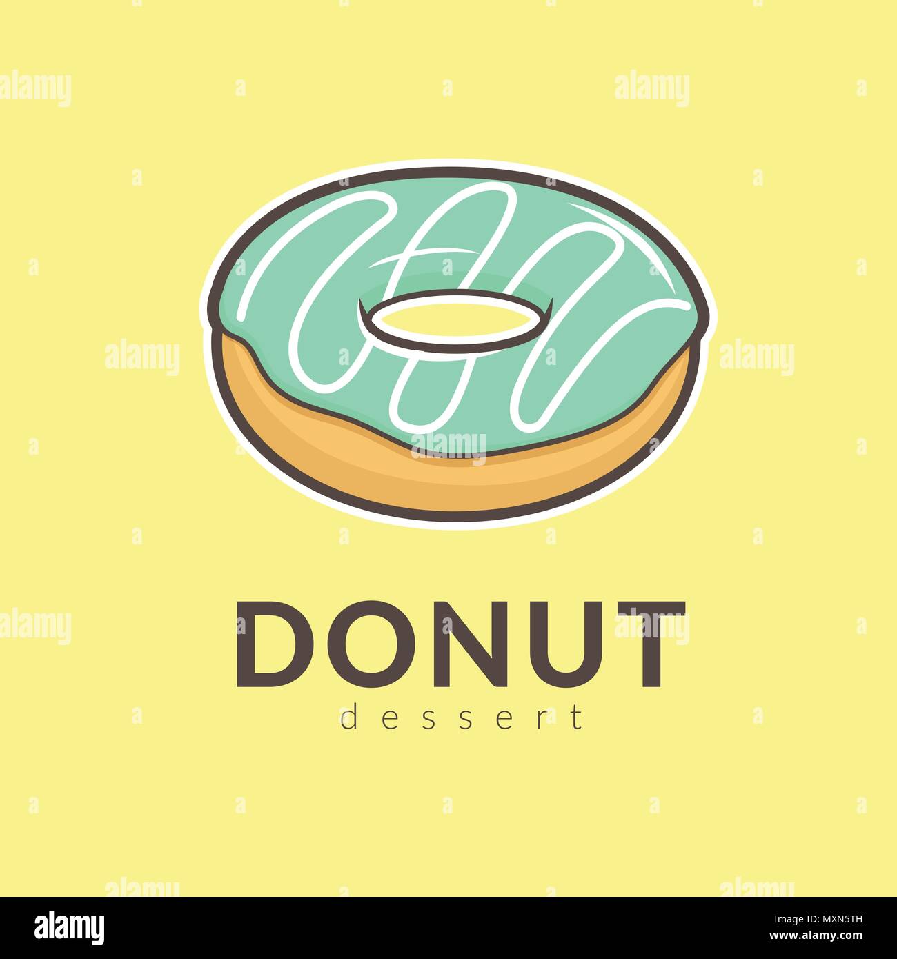 donut wrapping with sugar ,green color on top isolated on yellow background. hand drawn cartoon vector illustration. Stock Vector