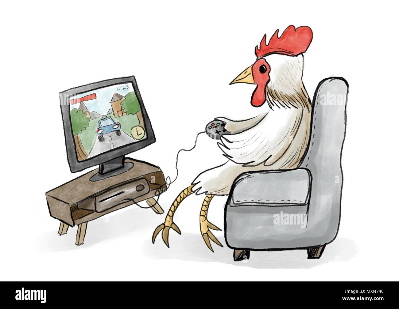 fowl play - chicken playing video games Stock Photo
