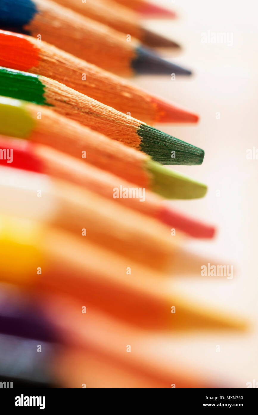 Different colored pencils on a white background ,macro photo , vertical composition , Stock Photo